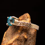 Sterling Silver Solitaire Band Ring with oval Cut Blue Zircon and 10 CZ - Size 5.5 - BikeRing4u