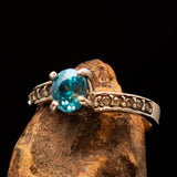 Sterling Silver Solitaire Band Ring with oval Cut Blue Zircon and 10 CZ - Size 5.5 - BikeRing4u
