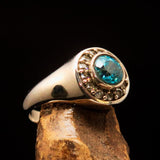 Sterling Silver Solitaire Band Ring with round Cut Blue Zircon and 13 CZ - Size 4.5 - BikeRing4u