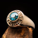 Sterling Silver Solitaire Band Ring with round Cut Blue Zircon and 13 CZ - Size 4.5 - BikeRing4u