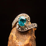Sterling Silver Solitaire Band Ring with oval Cut Blue Zircon and 14 CZ - Size 5 - BikeRing4u