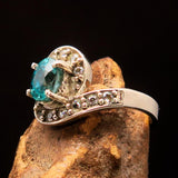Sterling Silver Solitaire Band Ring with oval Cut Blue Zircon and 14 CZ - Size 5 - BikeRing4u