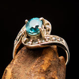 Sterling Silver Solitaire Band Ring with oval Cut Blue Zircon and 14 CZ - Size 5 - BikeRing4u