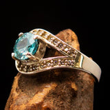 Sterling Silver Solitaire Band Ring with round Cut Blue Zircon and 23 CZ - Size 6.5 - BikeRing4u