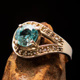 Sterling Silver Solitaire Band Ring with round Cut Blue Zircon and 23 CZ - Size 6.5 - BikeRing4u