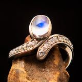 Sterling Silver Solitaire Ring with oval shaped Ceylon Moonstone and 15 CZ - BikeRing4u