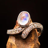 Sterling Silver Solitaire Ring with oval shaped Ceylon Moonstone and 15 CZ - BikeRing4u