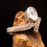 Sterling Silver Solitaire Ring with oval shaped Ceylon Moonstone and 15 CZ - BikeRing4u