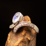 Sterling Silver Solitaire Ring with oval shaped Ceylon Moonstone and 15 CZ - BikeRing4u