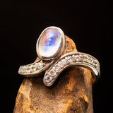 Sterling Silver Solitaire Ring with oval shaped Ceylon Moonstone and 15 CZ - BikeRing4u