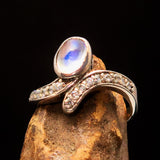Sterling Silver Solitaire Ring with oval shaped Ceylon Moonstone and 15 CZ - BikeRing4u