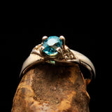 Sterling Silver Solitaire Band Ring with oval Cut Blue Zircon and 2 CZ - Size 5.75 - BikeRing4u