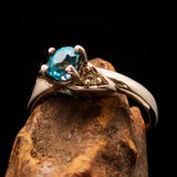 Sterling Silver Solitaire Band Ring with oval Cut Blue Zircon and 2 CZ - Size 5.75 - BikeRing4u