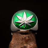 Sterling Silver Men's Ring Marihuana Cannabis Leaf dark Green - BikeRing4u