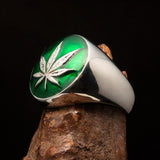 Sterling Silver Men's Ring Marihuana Cannabis Leaf dark Green - BikeRing4u