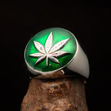 Sterling Silver Men's Ring Marihuana Cannabis Leaf dark Green - BikeRing4u