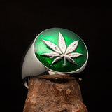 Sterling Silver Men's Ring Marihuana Cannabis Leaf dark Green - BikeRing4u