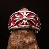 Nicely crafted domed Men's Fleur de Lis Ring red - Sterling Silver - BikeRing4u