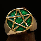Excellent crafted Men's Pinky Ring Green Pentagram - Solid Brass - BikeRing4u