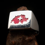 Excellent crafted Men's Swiss Flag Ring Switzerland - Sterling Silver - BikeRing4u