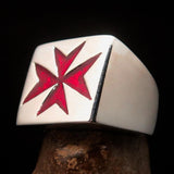 Nicely crafted Men's Knight Ring Maltese Cross Red - Sterling Silver - BikeRing4u