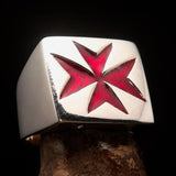 Nicely crafted Men's Knight Ring Maltese Cross Red - Sterling Silver - BikeRing4u