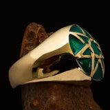 Nicely crafted domed Men's Heptagram Ring Green Heptagon - Solid Brass - BikeRing4u