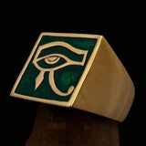 Excellent crafted Men's Ring All seeing Udjat Eye of Ra Green - Solid Brass - BikeRing4u