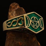 Men's Solid Brass Ring green Crescent Moon Pentagram Star - BikeRing4u