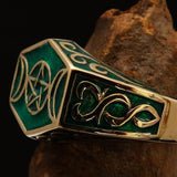 Men's Solid Brass Ring green Crescent Moon Pentagram Star - BikeRing4u