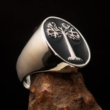 Excellent crafted Men's black oval Tree of Life Ring - Sterling Silver - BikeRing4u