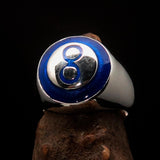 Nicely crafted domed Men's Number Ring blue 8 Eight- Sterling Silver - BikeRing4u