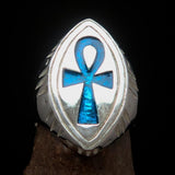 Blue marquise shaped Egyptian Ankh Cross Men's Ring - Sterling Silver - BikeRing4u