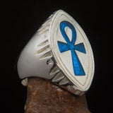 Blue marquise shaped Egyptian Ankh Cross Men's Ring - Sterling Silver - BikeRing4u