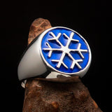 Excellent crafted Men's Winter Ring blue Snowflake - Sterling Silver - BikeRing4u
