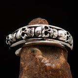 Men's Sterling Silver Band Ring 4 small Skulls - BikeRing4u
