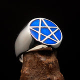 Perfectly crafted Men's Solid Line Pentagram Ring Blue - Sterling Silver - BikeRing4u