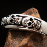 Men's Sterling Silver Band Ring 4 small Skulls - BikeRing4u