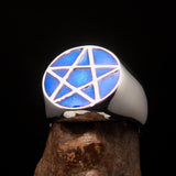 Perfectly crafted Men's Solid Line Pentagram Ring Blue - Sterling Silver - BikeRing4u