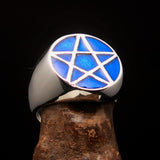 Perfectly crafted Men's Solid Line Pentagram Ring Blue - Sterling Silver - BikeRing4u