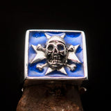 Excellent crafted Men's Pirate Skull Ring Blue Maltese Cross - Sterling Silver - BikeRing4u