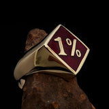 Men's Brass Biker Ring Diamond shaped 1% Percent Outlaw Symbol Red - BikeRing4u