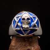 Excellent crafted domed Men's blue Hexagram Skull Ring - Sterling Silver - BikeRing4u