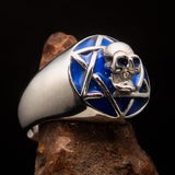 Excellent crafted domed Men's blue Hexagram Skull Ring - Sterling Silver - BikeRing4u