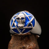 Excellent crafted domed Men's blue Hexagram Skull Ring - Sterling Silver - BikeRing4u