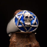 Excellent crafted domed Men's blue Hexagram Skull Ring - Sterling Silver - BikeRing4u
