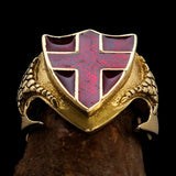 Men's Brass Shield Ring Flag of England Red Cross on Red - BikeRing4u