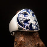 Excellent crafted ancient Men's Twin Head Eagle Ring Blue - Sterling Silver - BikeRing4u