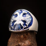 Excellent crafted ancient Men's Twin Head Eagle Ring Blue - Sterling Silver - BikeRing4u