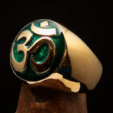 Nicely crafted domed Men's Buddhist Ring Green Aum Symbol - Solid Brass - BikeRing4u